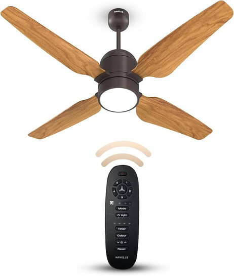  Havells 1200mm Momenta Underlight BLDC+ Ceiling Fan | Remote Controlled, Smart Fan, IoT Enabled, Alexa & Google Home Compatible | Upto 60% Energy Saving, 2 Year Warranty | (Smoke Brown Pine Wood) 