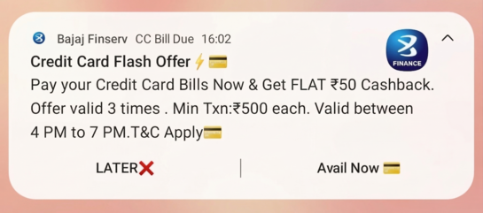 Bajaj Finserv CC Bill Pay: ₹50 Cashback (4PM–7PM, 3 Times) Again in another account