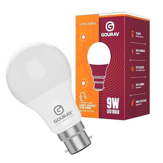 GOURAV 9W LED Bulb Cool White B22 Base Pack of 1| Extra Bright | Glare-Free | 270° Beam | Flicker-Free | Instant Light | Retrofit | 1-Year Warranty | Energy Efficient