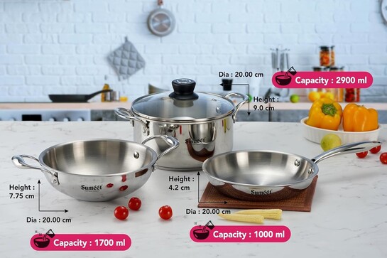 Sumeet cook-smart tri-ply induction/flat bottom (foodgrade stainless steel) cookware set