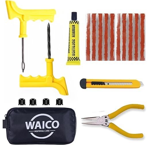 WAICO 6 in 1 Universal Tubeless Tyre Puncture Kit | with Tools, Plier, Knief, Puncture Strips, & Storage Bag | Emergency Flat Tire Repair Tool Set for Car, Bike, SUV, & Motorcycle.