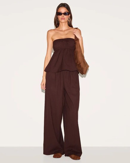 Brown Bandeau Top And Pants Co Ord Set