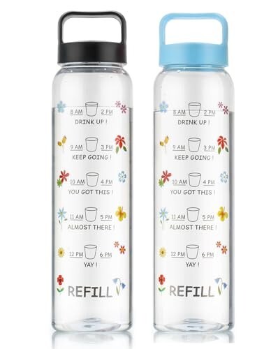 Clazkit Plastic Motivational 1000ml Water Bottle Blue & Black - Time Markers & Inspirational Slogans Mentioned Encourages More Water Intake, Easy-to-Carry Handle- Set of 2