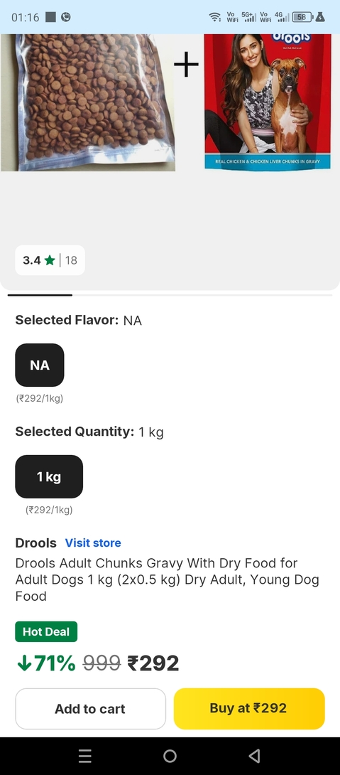 Flipkart - Drools Adult Chunks Gravy With Dry Food for Adult Dogs 1 kg (2x0.5 kg) Dry Adult, Young Dog Food