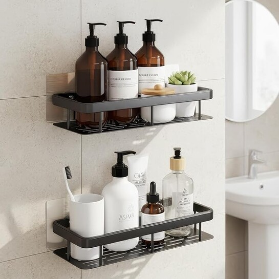 amazon basics Bathroom Organizer Without Drill Wall Mounted Bathroom Shelves & Rack for Modern Space Saving Storage Pack of 2