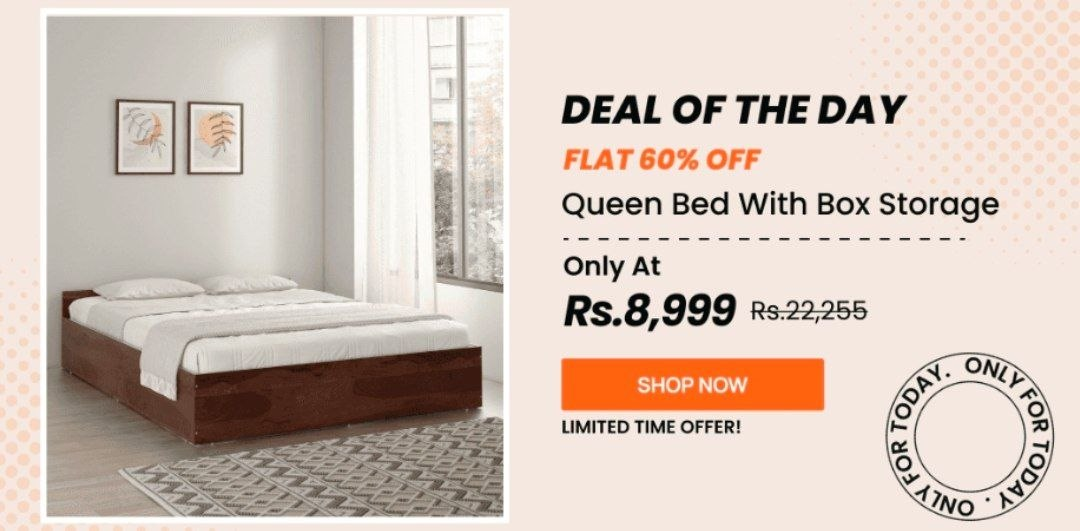 Pepperfry: Deal of the day - Kosmo Sage Queen Bed With Box Storage In Walnut Finish