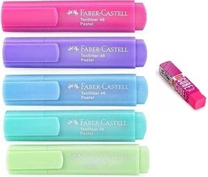 FABER-CASTELL Pastel Highlighter Set Of 5 With Attractive Cube Eraser (Set of 5, Multicolor)