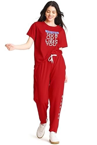 ZEYO Night Suit for Womens Typography Printed Cotton Night Dress of Top and Joggers