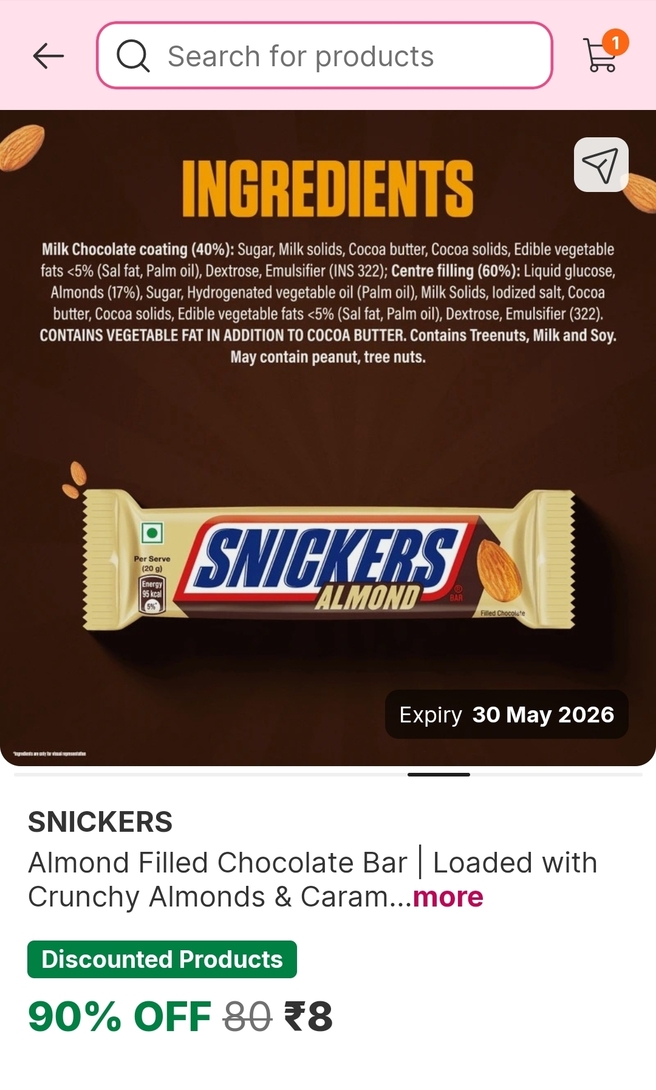 SNICKERS Almond filled Chocolate Bar 40 g @ ₹8 each on Flipkart Minutes
