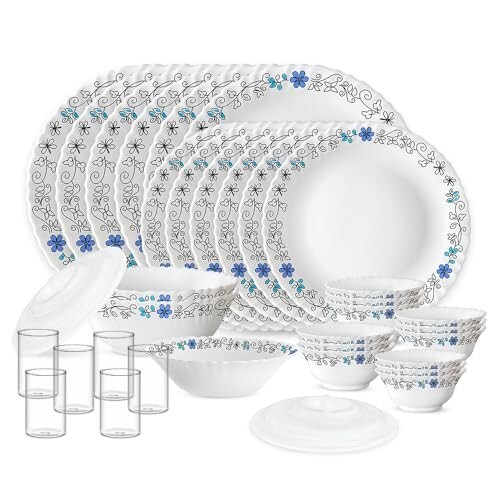 Larah by Borosil Silk Series Blue Iris Opalware Dinner Set with Vision Glass | 35pcs for Family of 6