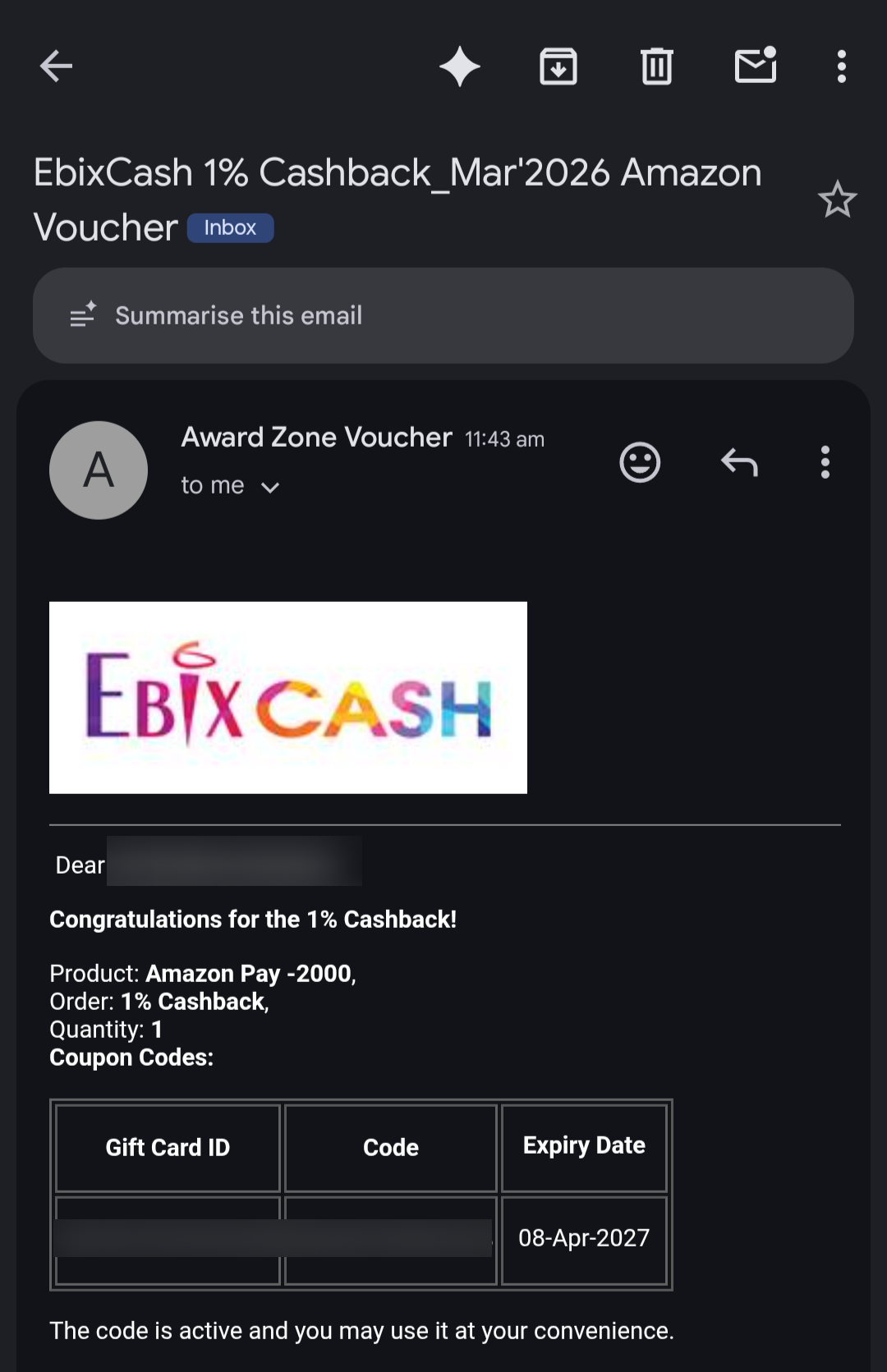 Ebix 1% Cashback - APay Gift Card received for March | Desidime