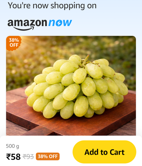 Amazon Fresh has Sonaka grapes at 58 rupees (or 71 rupees) for 500 grams in BTM Layout Bengaluru 560076