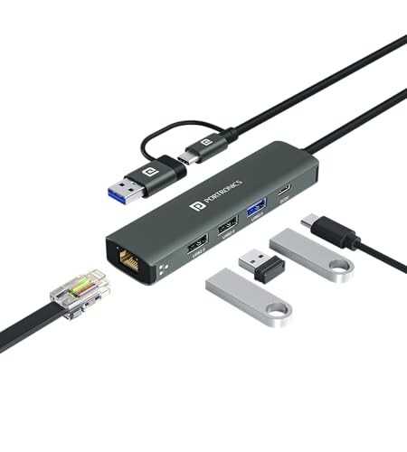 Portronics Mport Edge,5 Ports Dual USB Hub Dock, Superfast USB 3.0, High Speed 2.0, Type-C 5V2A Port, 100 Mbps RJ45 Ethernet, Versatile & High-Speed Connectivity Hub for Laptops & Desktops (Grey)