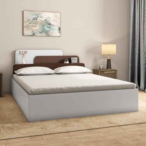Nilkamal Bruce Wooden Queen Bed with Box Storage  Walnut & White