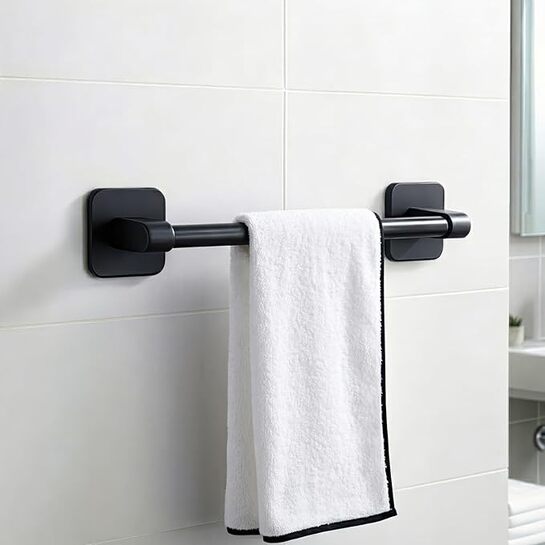 Amazon Basics Self Adhesive Towel Holder in Bathroom No Drill – 12 Inch Rust Resistant Aluminum Towel Hanger for Wall, Strong Towel Hanger for Wash Basin & Towel Rod for Washroom Black Pack of 1