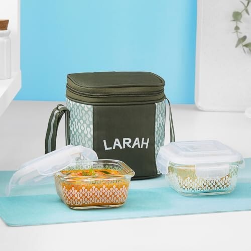 Gracia Borosilicate Glass Lunchbox with Bag | Set of 2pc Container (320 ml Each)