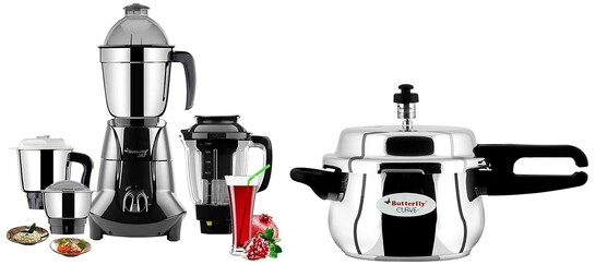 Butterfly Jet Elite Mixer Grinder, 750W, 4 Jars (Grey) & Curve Stainless Steel Pressure Cooker, 3 Litre