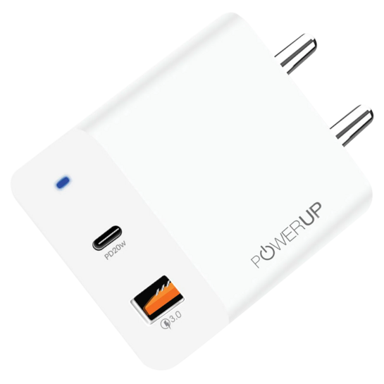 POWERUP 20W Type A & Type C 2-Port Fast Charger (Adapter Only, Multiple Safety Protection, White)