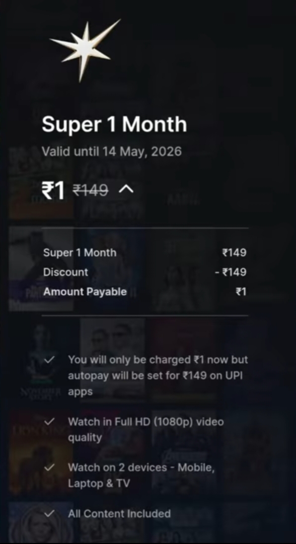 Hotstar super 1 month @1rs