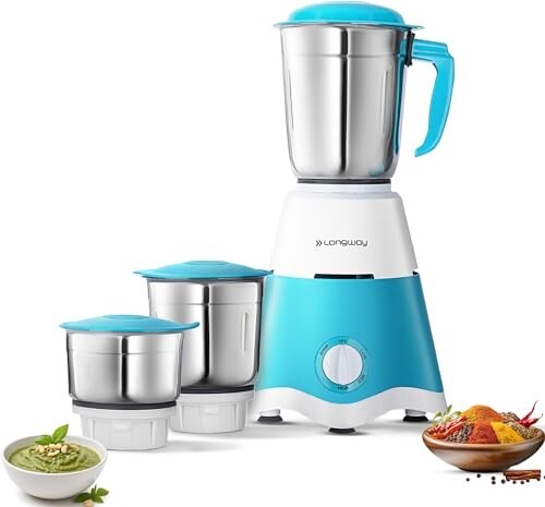Longway Super Dlx Mixer Grinder | Up to 700 Watt Powerful Motor | 3 Jars for Grinding, Mixing, Juicing | 2 Year Warranty (Blue & White, 3 Jars)
