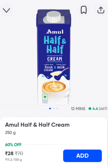 Instamart - Amul Half & Half Cream - 28rs, MRP-70rs (60% off), Available for Bhubaneswar