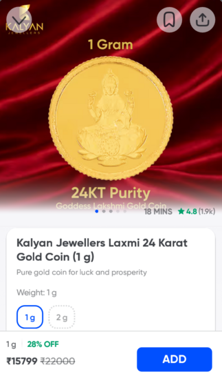 Instamart - Kalyan Jewellers Laxmi 24 Karat Gold Coin 1g- 15799rs, Pan India Same Price