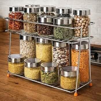 CHHAAP Stainless Steel 2 Layer Spice Rack | Modular Kitchen Storage Organizer | Multipurpose Shelf for Countertop, Tabletop | Tiered Silver Rack (Pack of 1) (NHSP) 