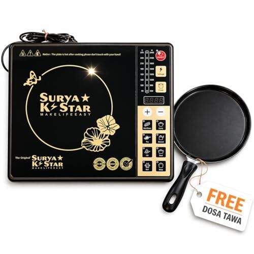 Surya K Star 2000W Induction Cooktop with Dosa Tawa | Electric Induction Stove for Kitchen | Portable Single Burner Cooktop with Preset Menu, Timer & Temperature Control | Tawa Included