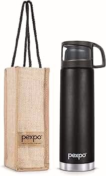 Pexpo Stainless Steel Water Bottle 1 LTR, ISI Certified, Hot & Cold Flask with Jute Bag | 3 Layer Insulation | 2 Year Warranty | for School, Office, Travel & Picnic | Fererro | Knight Black :