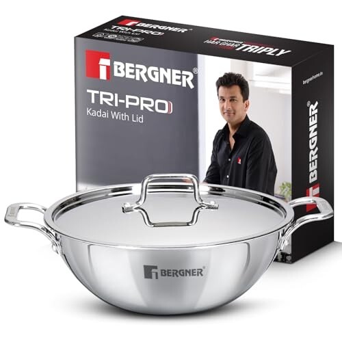 Bergner TriPro Triply Stainless Steel 24cm (3L) Kadai with Stainless Steel Lid