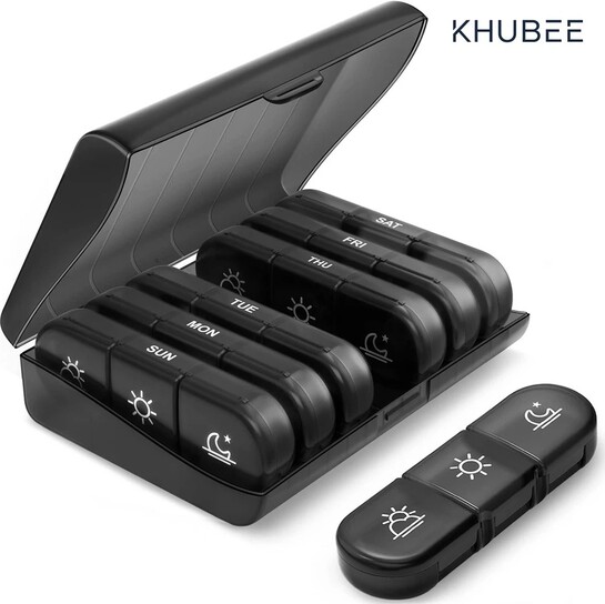 KHUBEE 7 Day Pill Organizer (3 Times a Day) – Travel Medicine Box Weekly Tablet Storage Case | Compact Daily Dose Planner for Home, Office & Travel (Black)