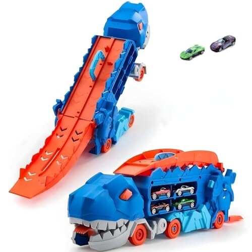 Dinosaur Transporter Truck with 2 Die-Cast Vehicles Dino Car Carrier 