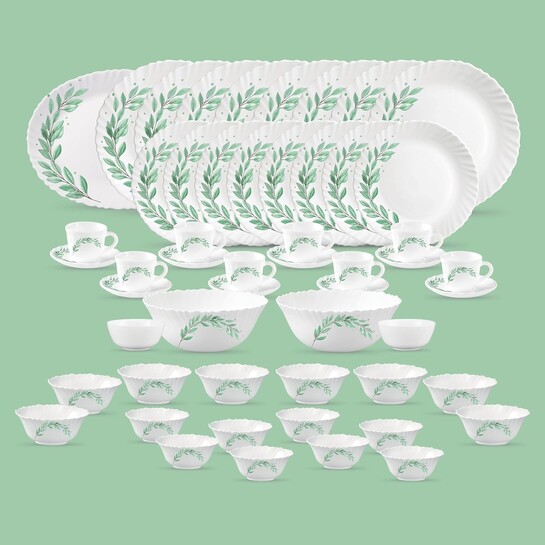 La Opala Diva Classique Collection Opal Glass Crockery | for Family of 8 | Dinner Set 53 pcs Olive Trails 