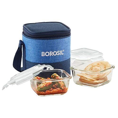 Borosil Prime Lunchbox with Bag | 2pc Square Container Set (320ml Each)