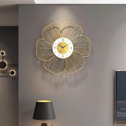 RIZIK STORE™ White Gold Handmade Metal Wall Clock – Wire Design, Silent Ticking, Decorative Wall Hanging Clock for Bedroom, Living Room, Dining Room, and Hallway (53x53cm) (Design 1)