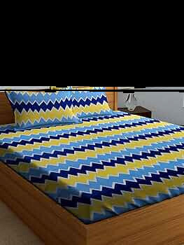  Decorum Zig-Zag Print Double Bedsheet Set | 228 x 220 cm Cotton Blend Bedsheet with 2 Pillow Covers | Blue & Yellow Bold Pattern | Soft & Durable Bedding for All Seasons | Bedroom Decor Essential 