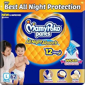 Mamypoko pants All night absorb| Pant Style Baby Diapers Large Size(L), 62 Count, Ideal for 9-14Kgs|