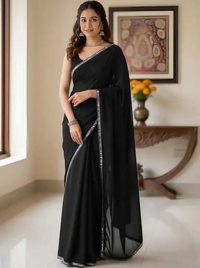Georgette Saree with Unstitched Blouse (Black)