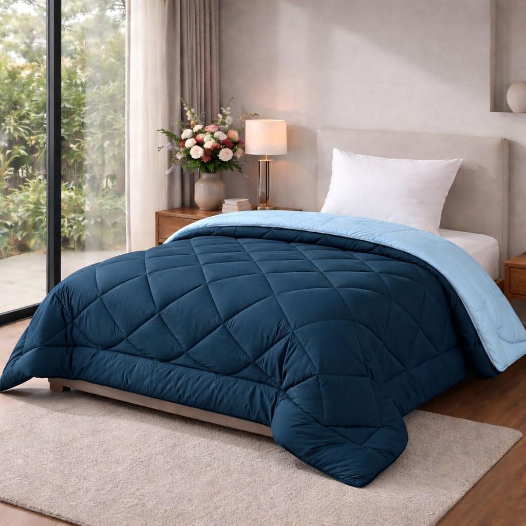 HOMEKART 220 GSM Solid Plain Reversible Summer Microfiber AC Comforter (220 cm x 152 cm, Teal Blue and Grey)