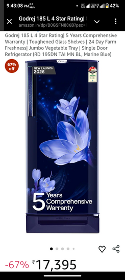 Godrej 185 L 4 Star Rating| 5 Years Comprehensive Warranty | Toughened Glass Shelves | 24 Day Farm Freshness| Jumbo Vegetable Tray | Single Door Refrigerator (RD 195DN TAI MN BL, Marine Blue)