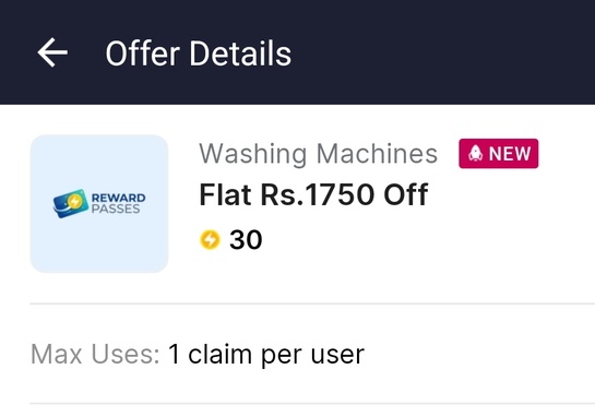 Flipkart reward pass - flat 1750rs off on washing machines (selected products / User specific)