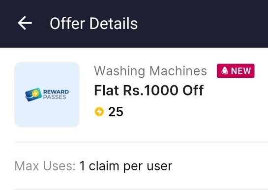 Flipkart reward pass - flat 1000rs off on washing machines ( selected products / User specific )