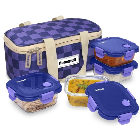 Home Puff Borosilicate Glass Lunch Box Set (4 pcs + Bag, 1280ml) Microwave Safe @ ₹879