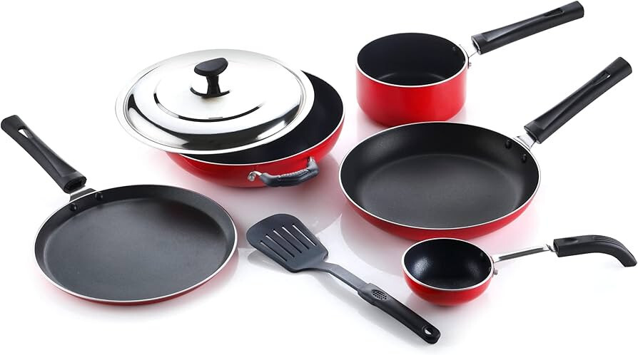 Crystal Classic Series 7-pc Non-Stick Cookware Set, PFOA Free, Tawa, Vagariya, Kadhai with SS Lid, Fry Pan, Sauce Pan, 1