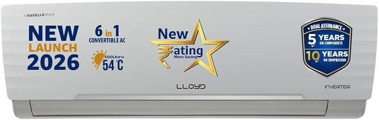 Lloyd 1.5 Ton 3 Star Inverter Split AC, 2026 New Star Rated 6 in 1 Convertible, Cools Up To 54°C