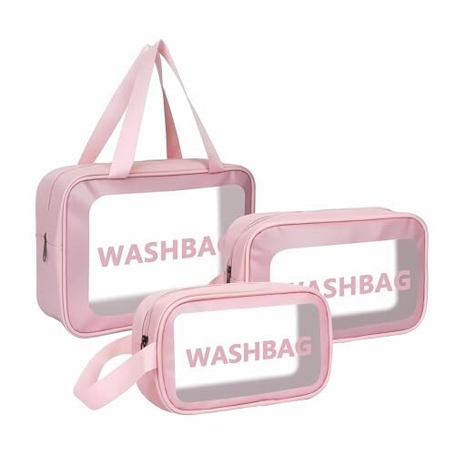 Pink PVC Transparent Toiletry Wash Bag Combo Set of 3
