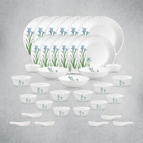 La Opala Opal Glass Crockery | for Family of 6 | Dinner Set 35 pcs Blue Florets | Extra Light & White