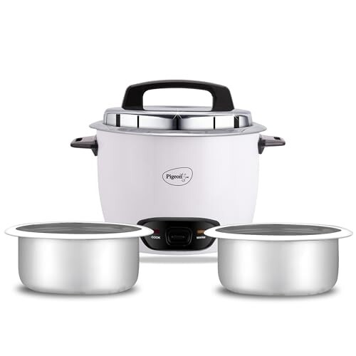 Pigeon by Stovekraft Joy Rice Cooker with Double pot, 1 litres. (White) | Toughened Glass Lid | 400 Watts | 2 Aluminium Cooking Pots