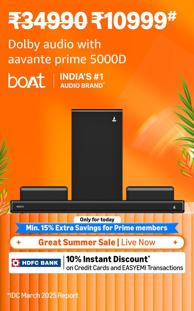 80% off on - Boat Aavante Prime 5.1 5000D, Cinematic Dolby Audio, 500W Hoke Theatre Soundbar Speaker - Rs. 6850