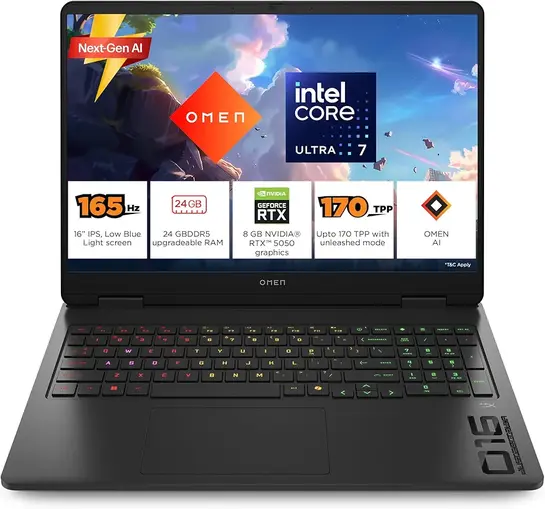 HP Omen, Intel Core Ultra 7 255H (8GB RTX 5050, 24GB DDR5(Upgradeable) 1TB SSD, 2K, 165Hz) Gaming Laptop 